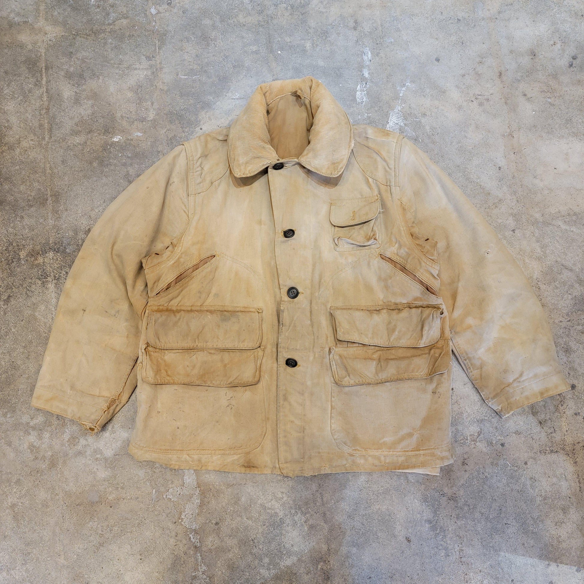 Vintage 30s / 40s Hunting Coat | Red Head Bone Dry | Rolling Hood | Corduroy Collar | Distressed | Duck Canvas | Medium