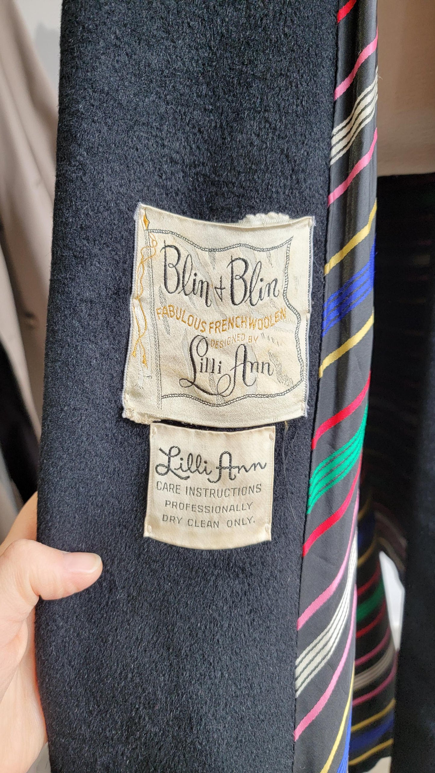 Vintage 1950s Lilli Ann Wool and Velvet Swing Coat | Black | Belted | Rainbow Tafetta lining