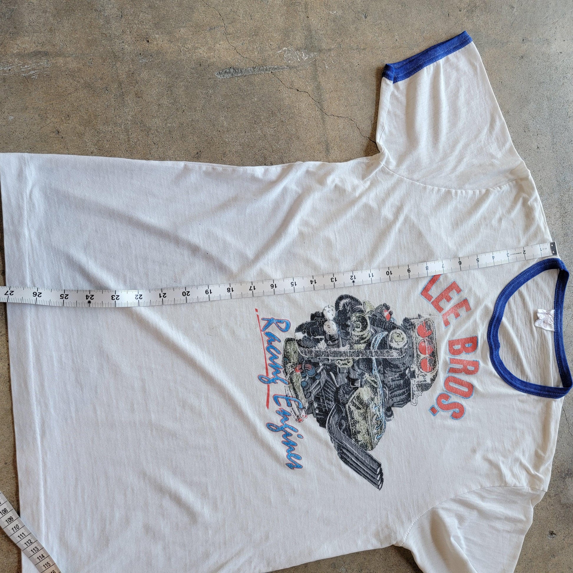 Vintage 80s Lee Bros Racing Engines Ringer T-Shirt | Thin | Distressed | Size Medium | Single Stitch | White + Blue | Faded