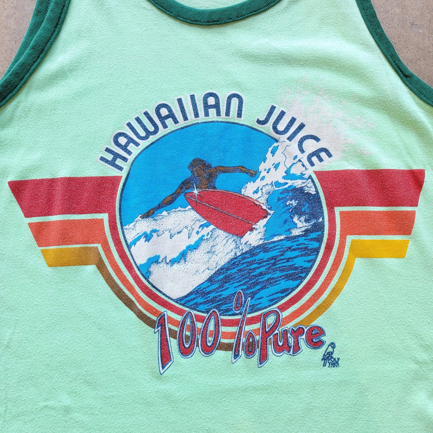 Vintage 70s Mayo Spruce Hawaiian Surf Tank | Mint Green Ringer | Size Large to Extra Large | Hawaiian Juice 100% Juice | Stretchy