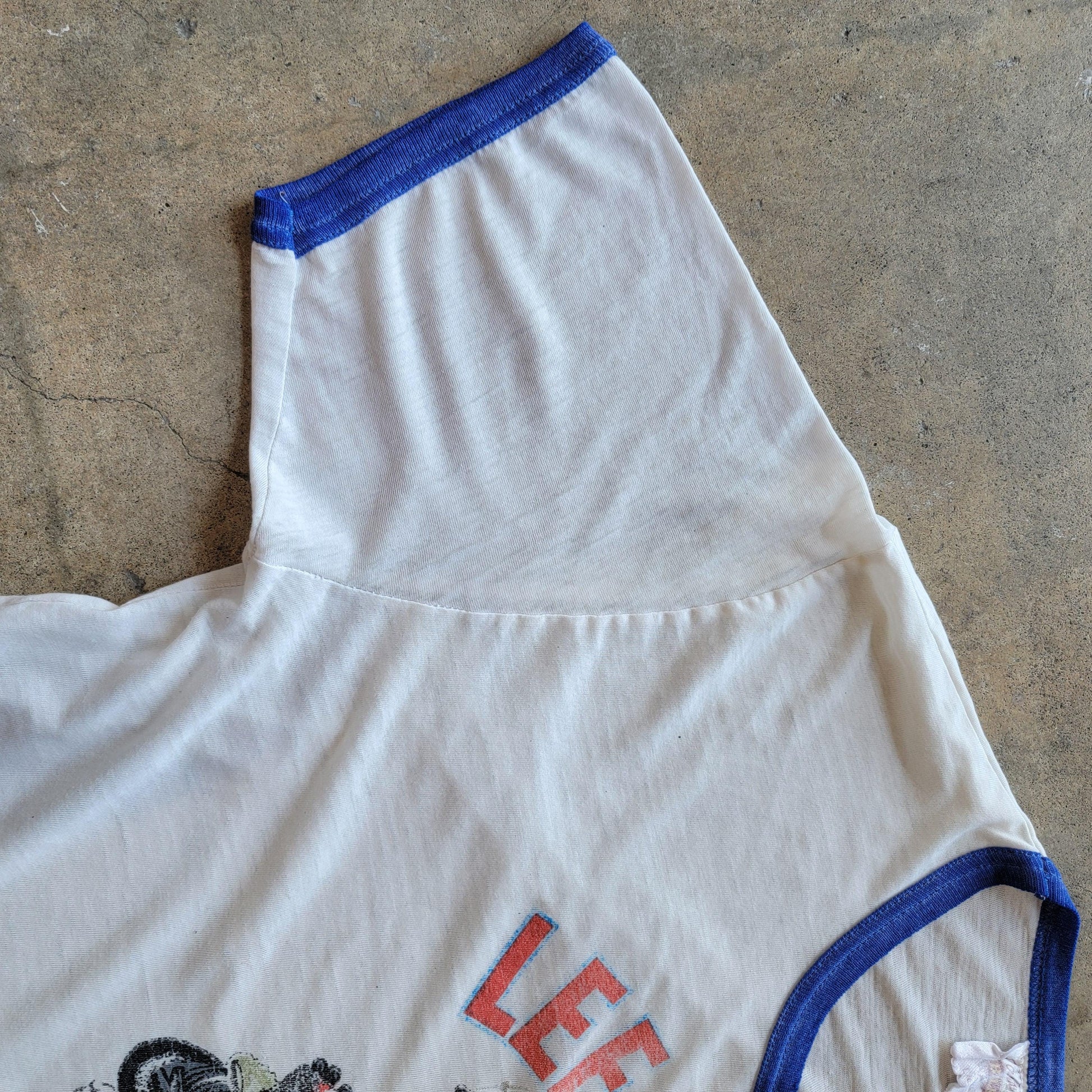Vintage 80s Lee Bros Racing Engines Ringer T-Shirt | Thin | Distressed | Size Medium | Single Stitch | White + Blue | Faded