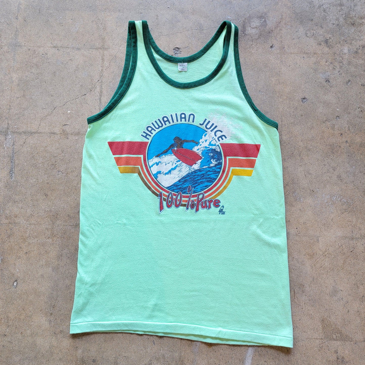 Vintage 70s Mayo Spruce Hawaiian Surf Tank | Mint Green Ringer | Size Large to Extra Large | Hawaiian Juice 100% Juice | Stretchy