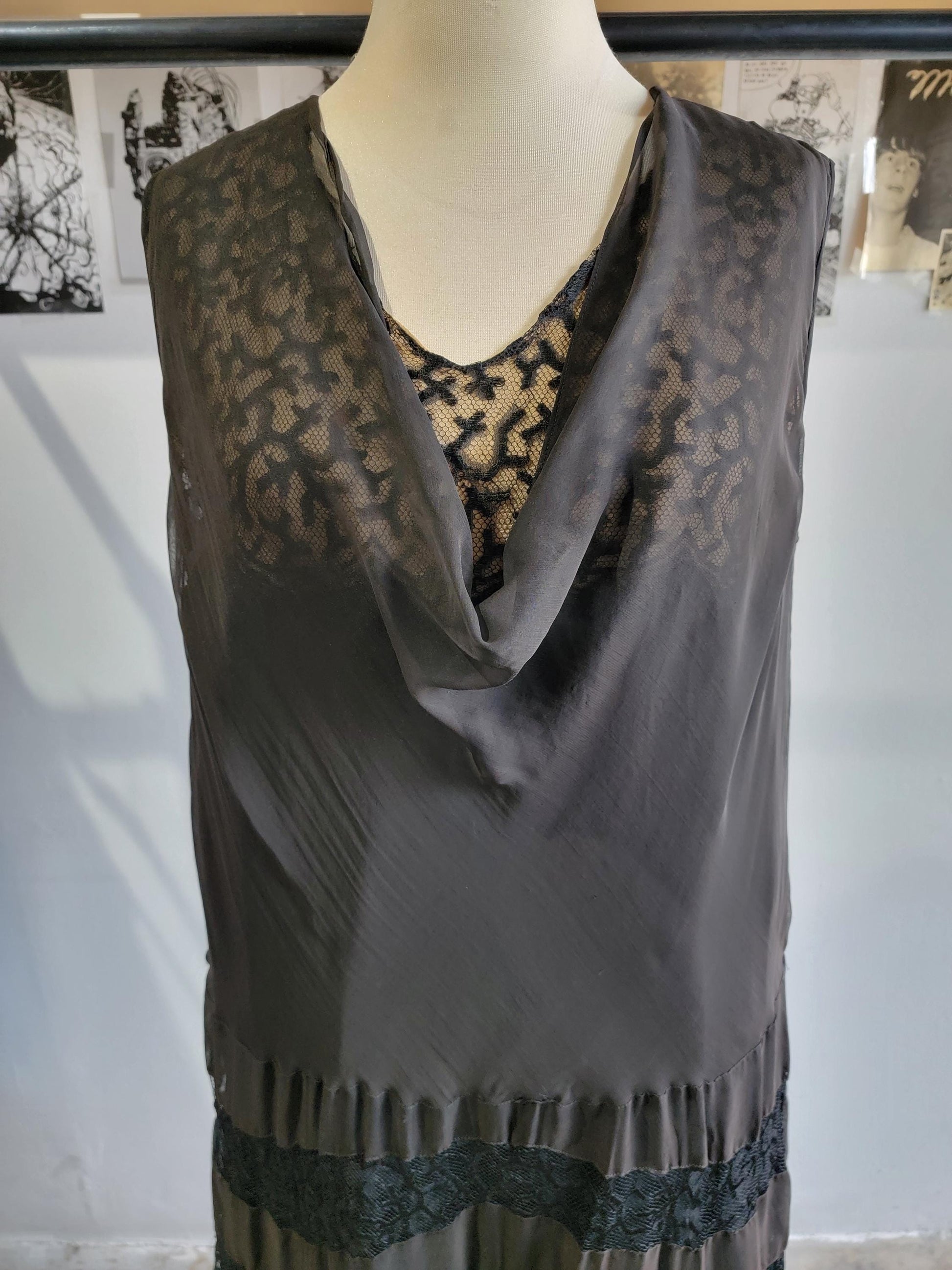Antique 1920s Black Lace Dress | Size XL | Wendell New York | Drop Waist | Sleeveless | Flapper | Layered | Chiffon