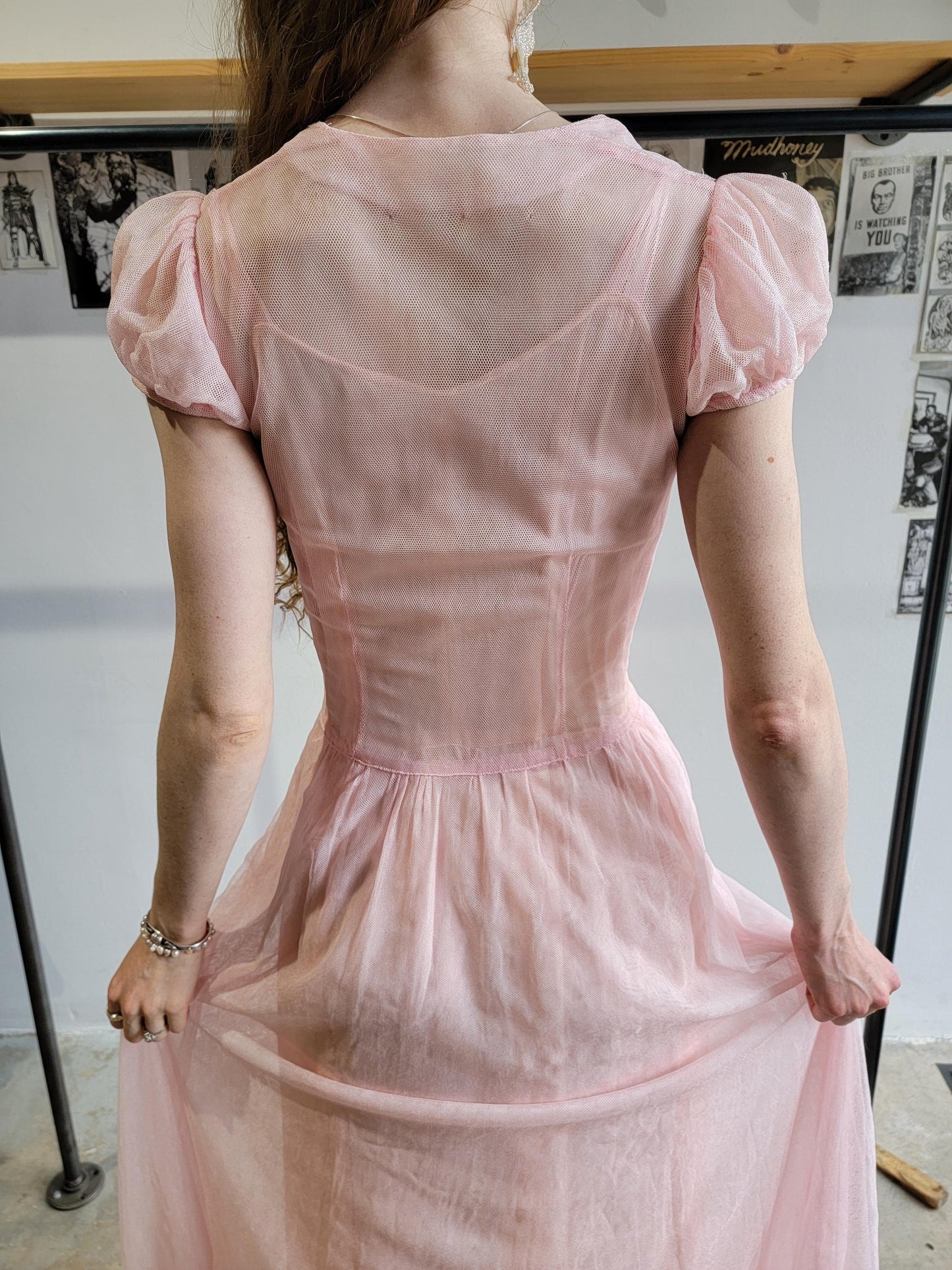 1940s Pink Mesh Gown with Puff Sleeves | XS | Prom | Formal Dress | Maxi | Princess