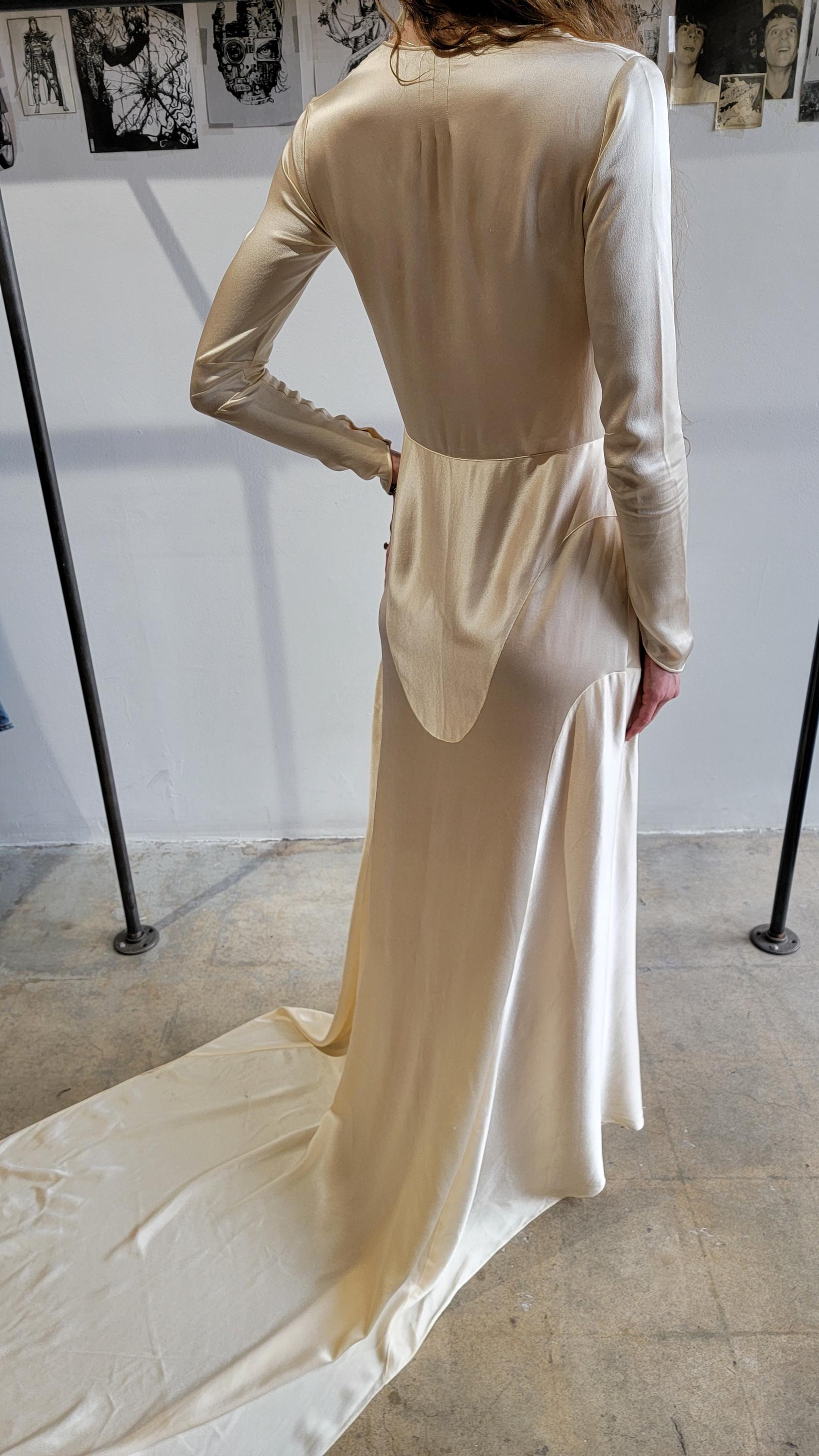 Vintage 1930s Silk Liquid Satin Wedding Gown with Train | XS | Long Sleeve |