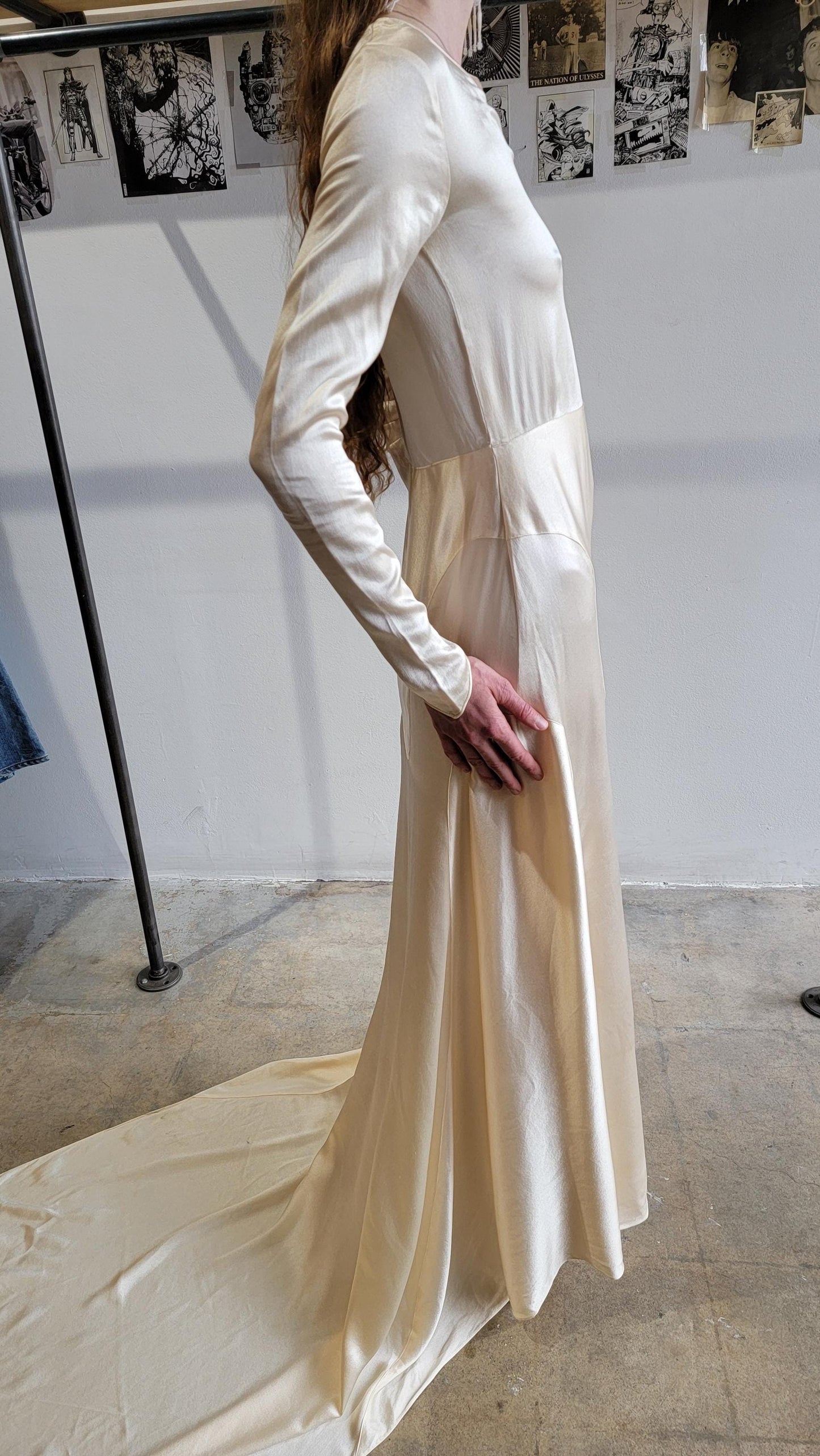 Vintage 1930s Silk Liquid Satin Wedding Gown with Train | XS | Long Sleeve |