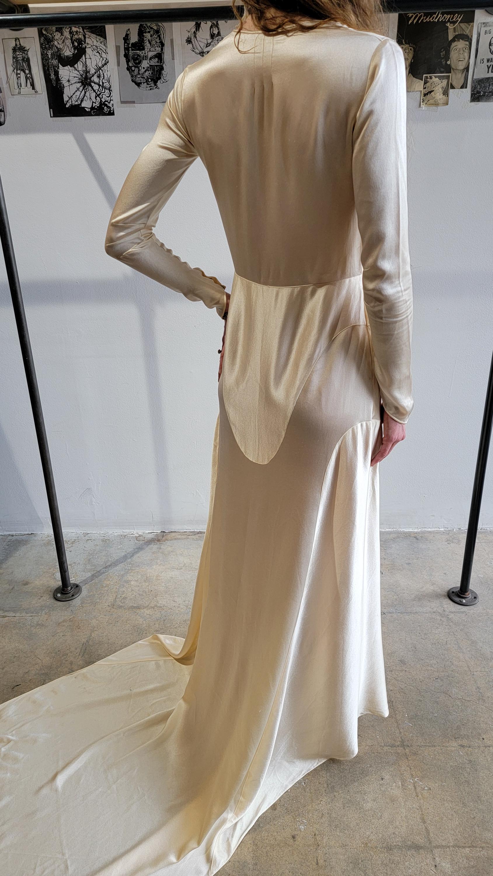 Vintage 1930s Silk Liquid Satin Wedding Gown with Train | XS | Long Sleeve |