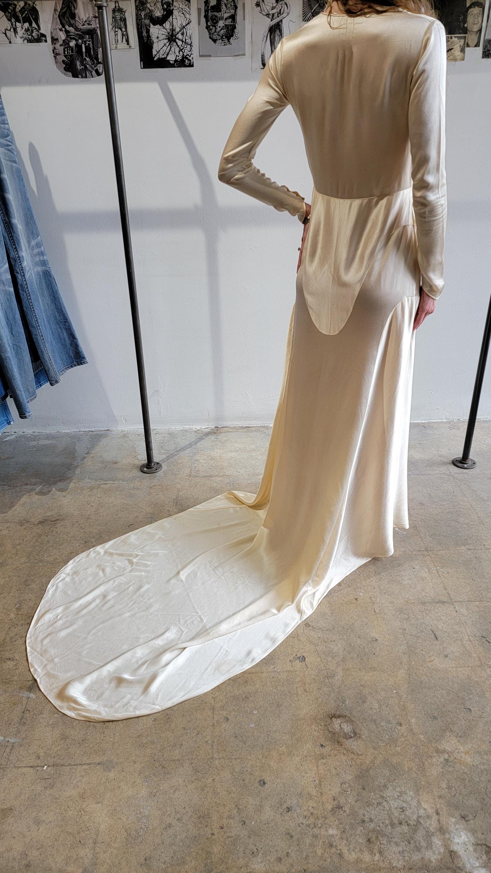 Vintage 1930s Silk Liquid Satin Wedding Gown with Train | XS | Long Sleeve |