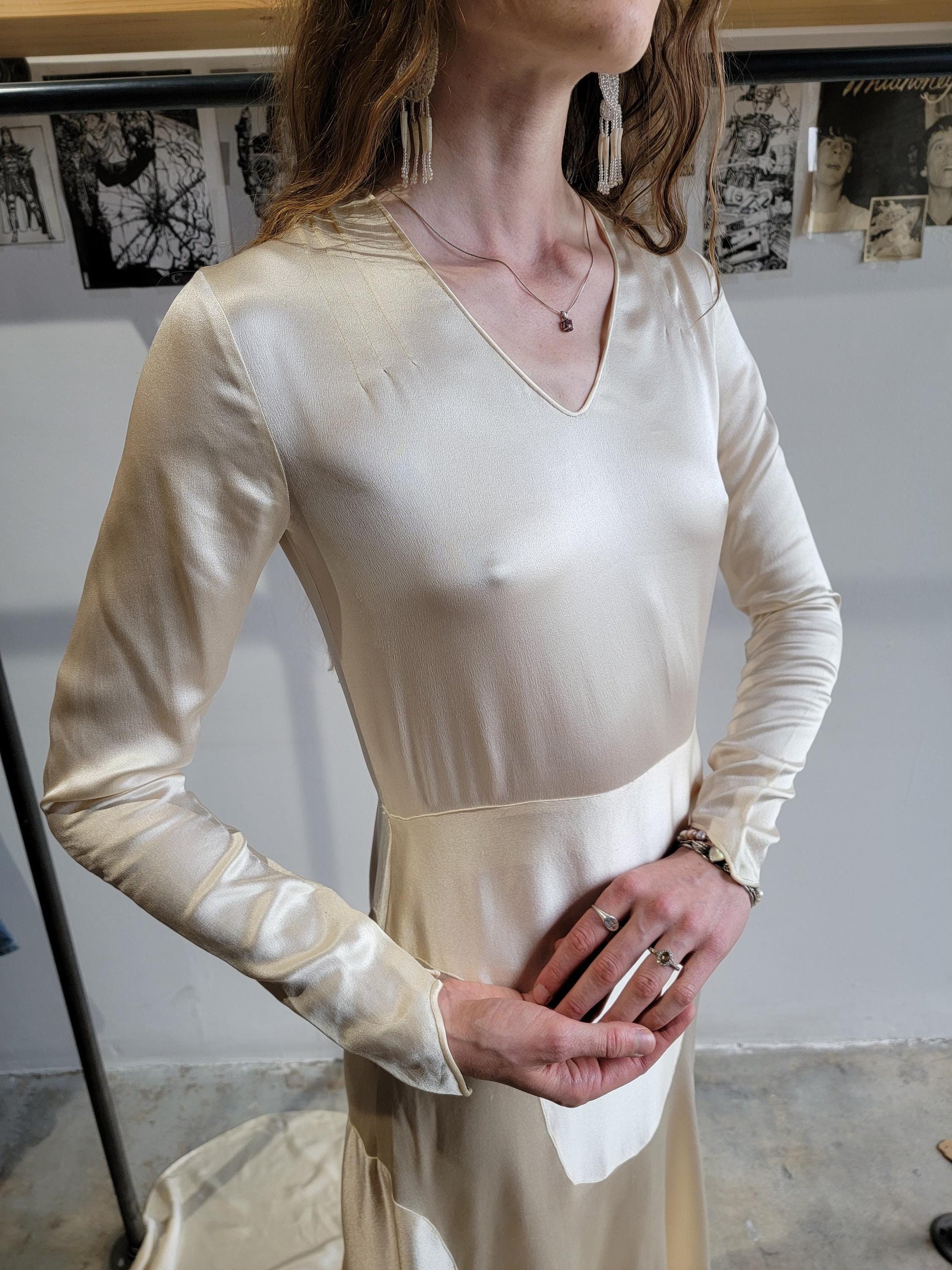 Vintage 1930s Silk Liquid Satin Wedding Gown with Train | XS | Long Sleeve |