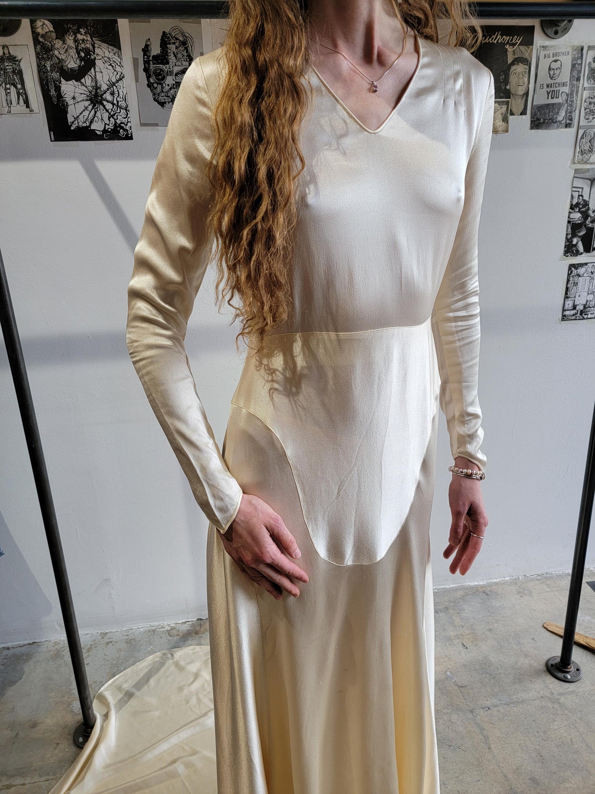 Vintage 1930s Silk Liquid Satin Wedding Gown with Train | XS | Long Sleeve |