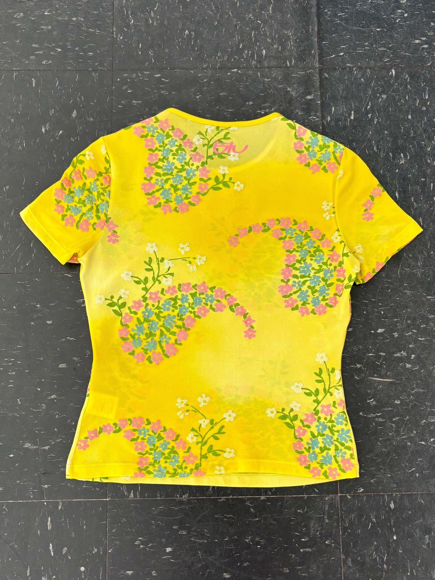 Vintage 90’s Byblos Blu mesh top | Baby tee | Fits Small | Italian Designer | Mesh | floral