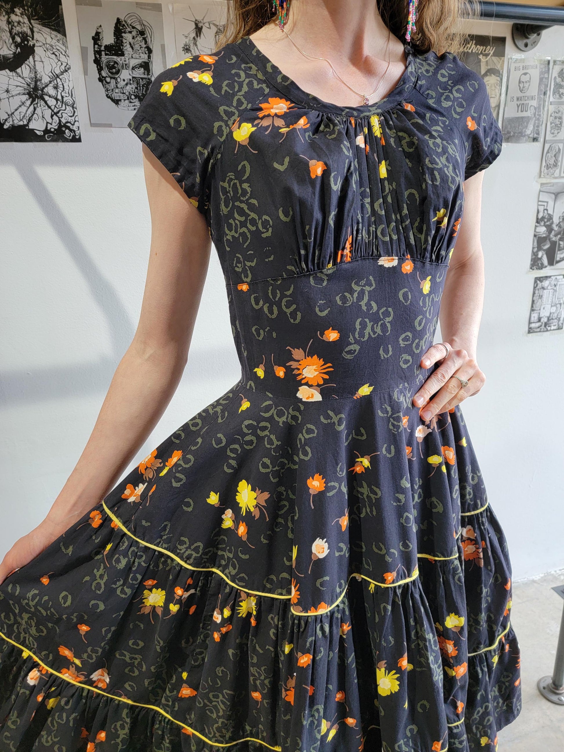 Vintage 1950s Tiered Cotton Summer Dress | Size Small | Black and Floral | Short Sleeve