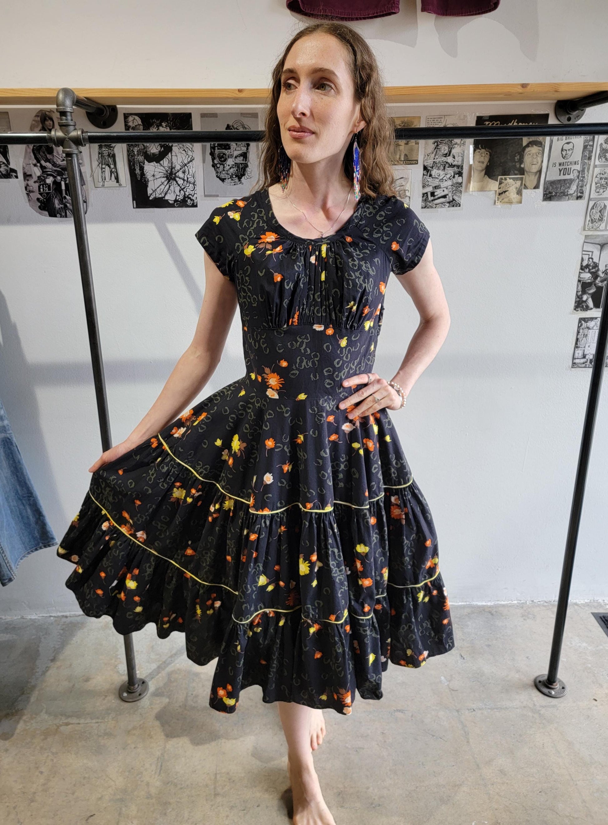 Vintage 1950s Tiered Cotton Summer Dress | Size Small | Black and Floral | Short Sleeve