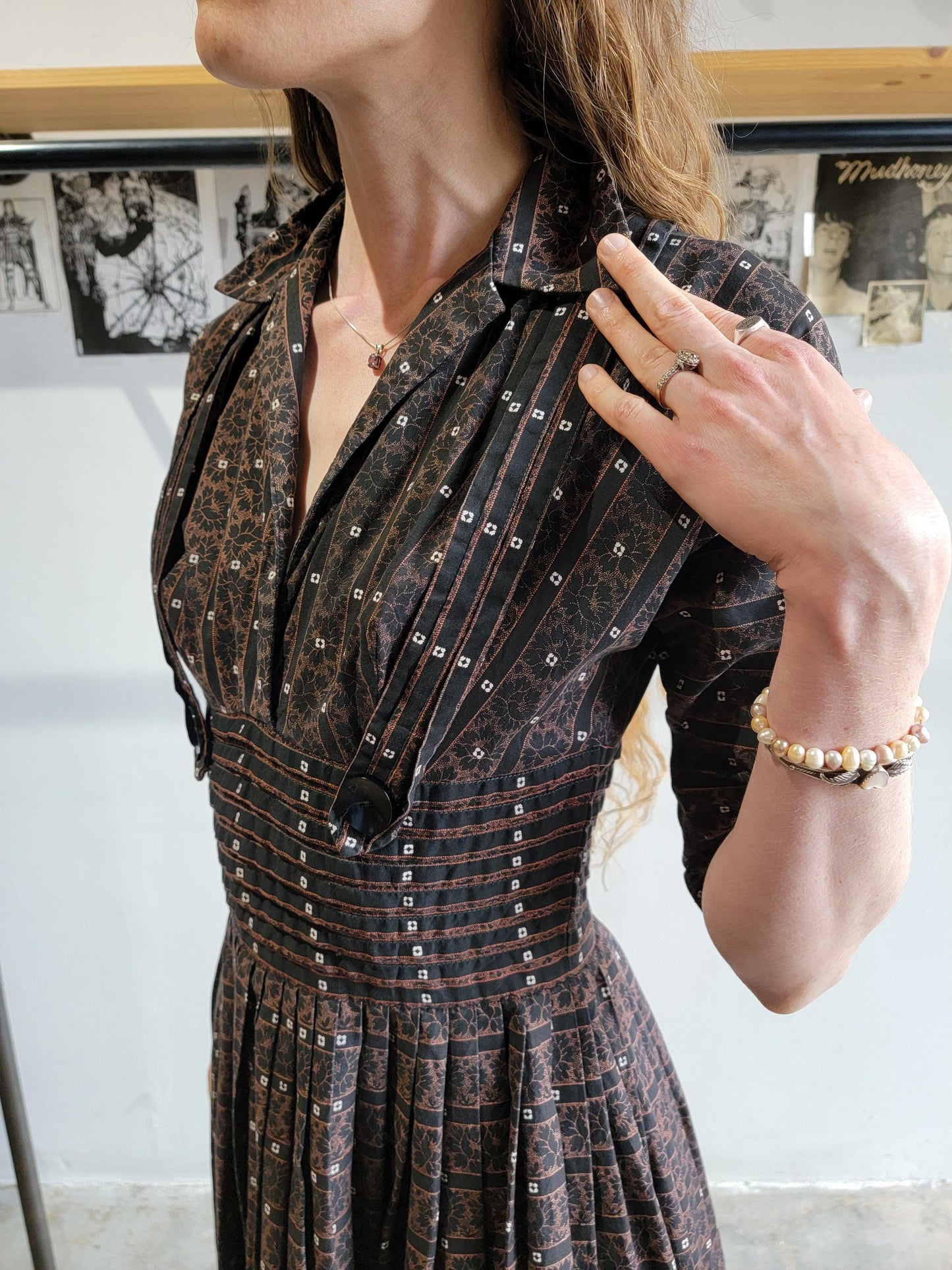 Vintage 1950s Pixie of California Cotton Dress |XS | Brown and Black | Pin Tucks | Stripes | Fit and Flare