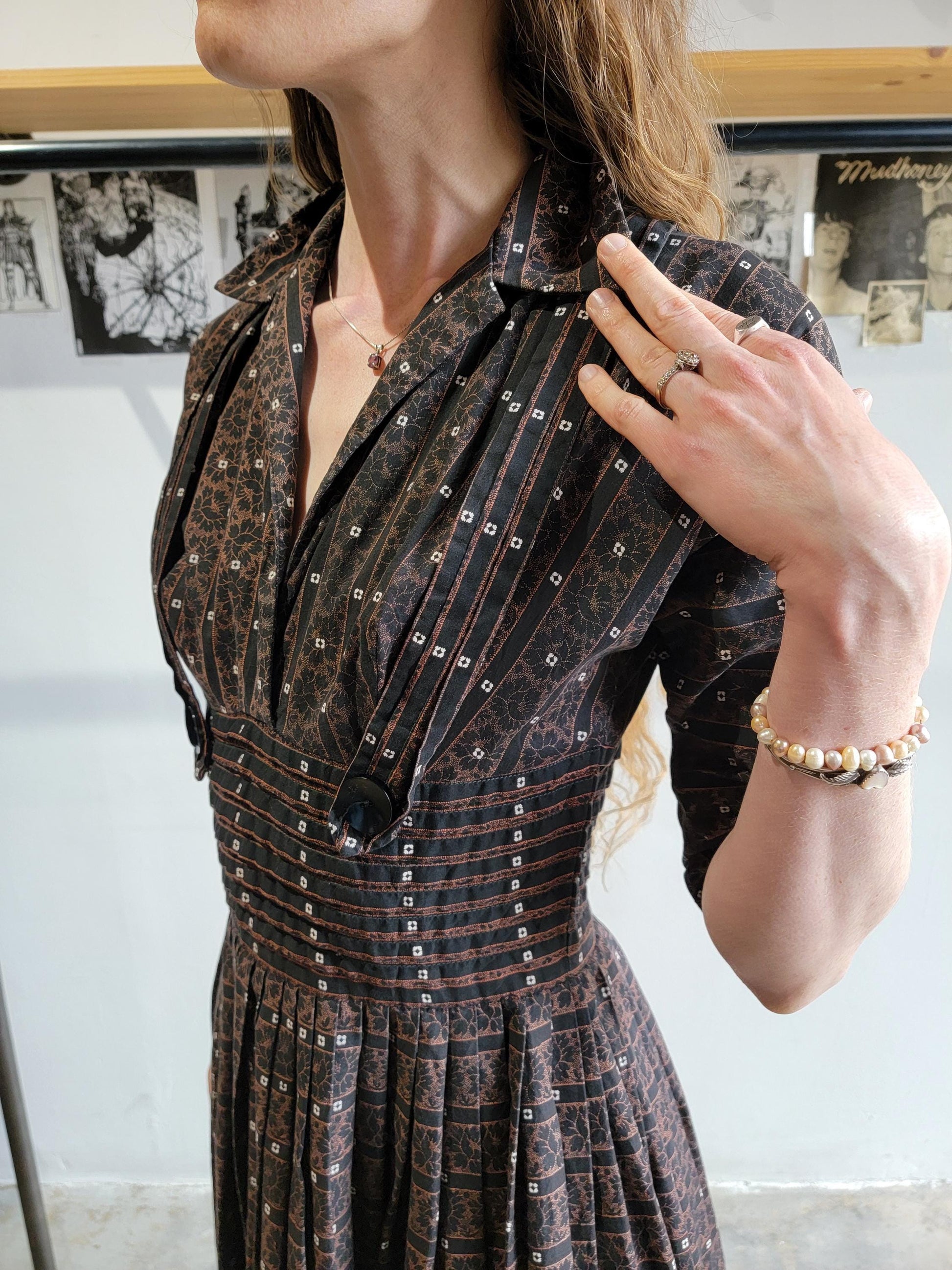 Vintage 1950s Pixie of California Cotton Dress |XS | Brown and Black | Pin Tucks | Stripes | Fit and Flare