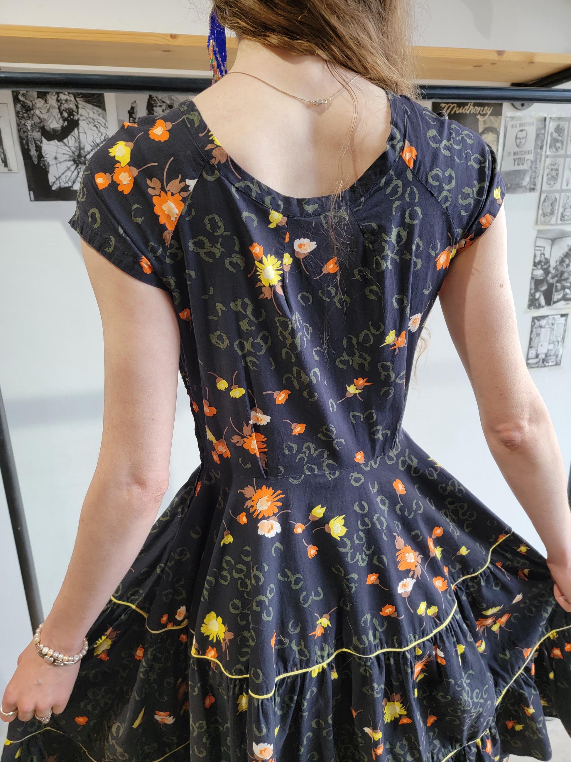 Vintage 1950s Tiered Cotton Summer Dress | Size Small | Black and Floral | Short Sleeve