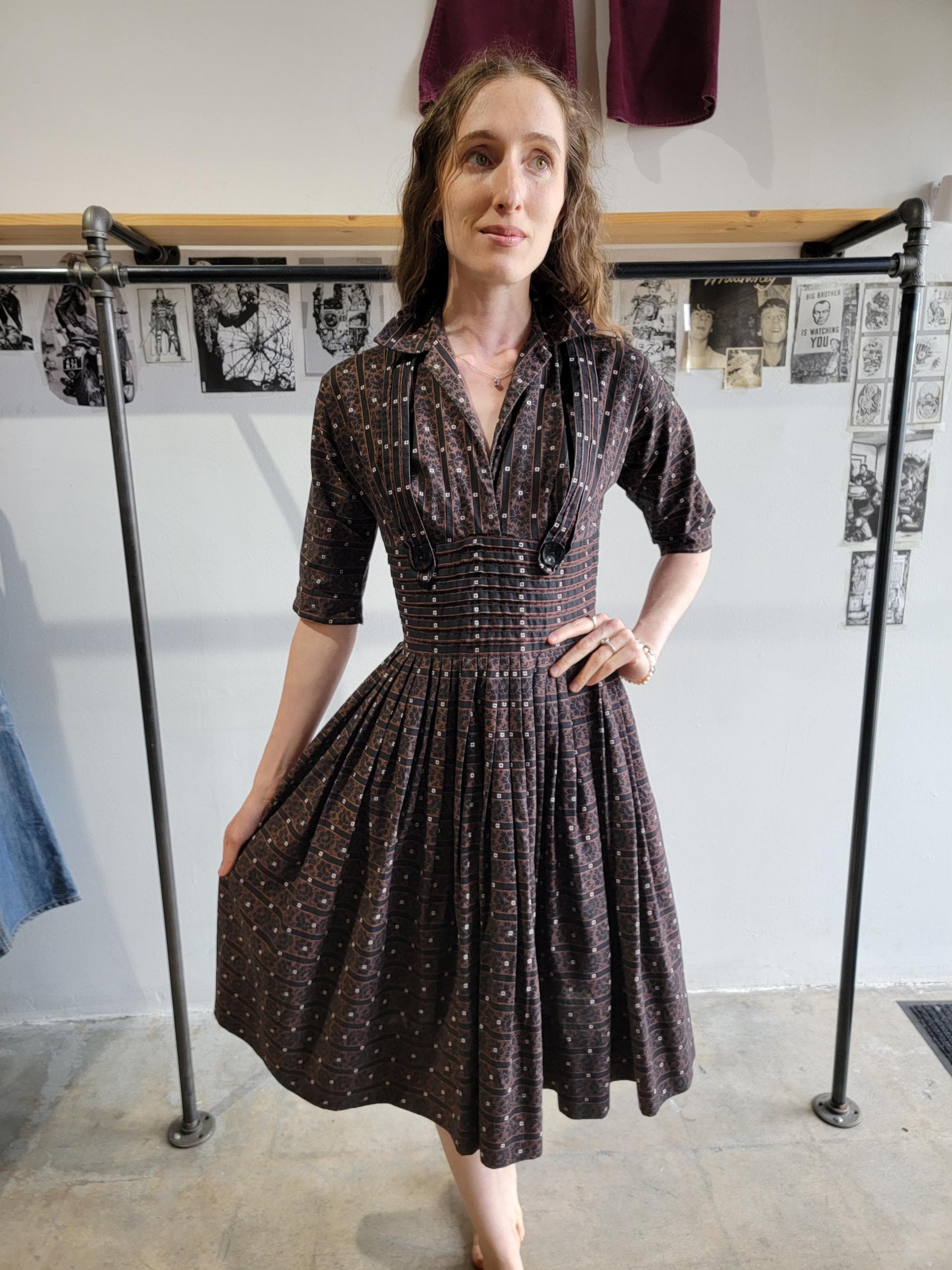 Vintage 1950s Pixie of California Cotton Dress |XS | Brown and Black | Pin Tucks | Stripes | Fit and Flare
