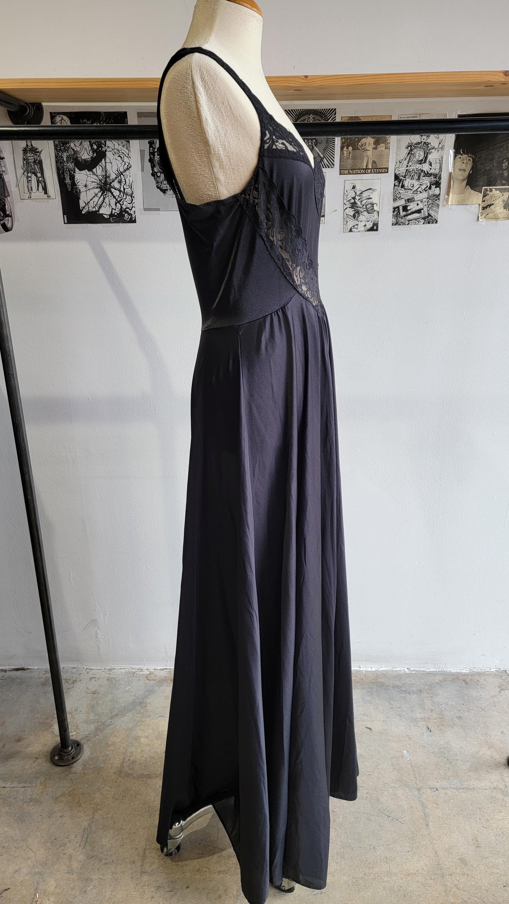 Vintage 1970s Black Full Skirt Night Gown | Olga Style | Size Large | Stretchy Tricot | Sexy